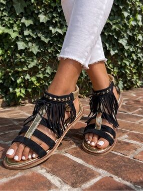 PATRIZIA PEPE Black snd Gold Leather Fringed Gladiator Sandals, 37
